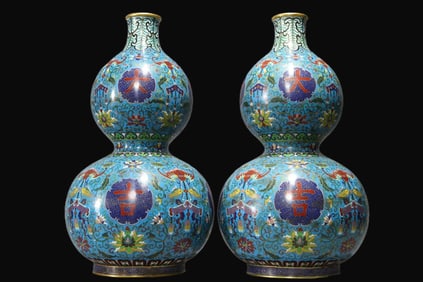 A Pair of Rare Copper Tire Cloisonné Interlocking Lotus Gourd Vase