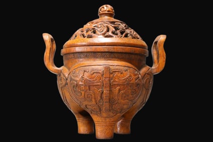 A Rare Bamboo Carving Beast Pattern Tripod Furnace