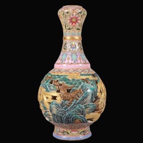 A Rare Famille Rose Carved Openwork Horse Pattern Vase