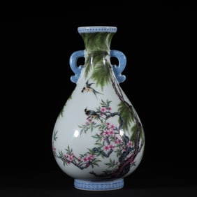 A Rare Enamel Flower and Bird Pattern Double-Ears Vase