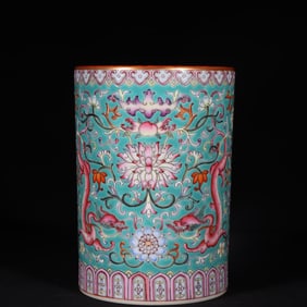 A Rare Famille-Rose Outline in gold Hornless Dragon Pattern Brush Pot