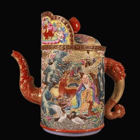 A Rare Famille Rose Carved Gold-Ground Figure Pattern Pot
