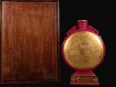 A Rare Ruby Red-Glazed Outline in gold Landscape and Figures Pattern Double-Ears Vase