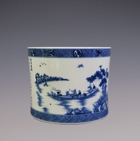 An Exquisite Blue and White Landscape and Figure Pattern with poem Brush Pot