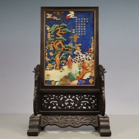 An Exquisite Zitanwood Inlaid Gems Landscape and Figure Pattern with poem Screen Ornament