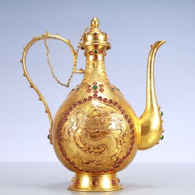 A Exquisite Gilt Bronze Inlaid Gems Dragon Pattern Ewer