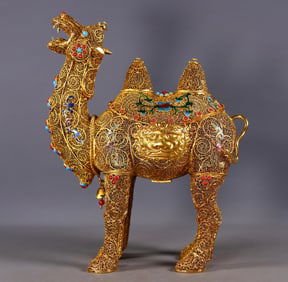 An Exquisite Gilt Bronze Inlaid Gems Lotus Pattern Beast-Face Pattern Camel Ornament