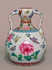 An Exquisite Famille-Rose Flower and Butterfly Pattern Double-Ears Vase