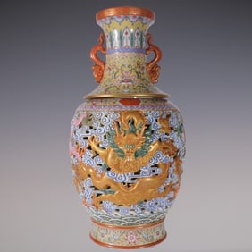 An Exquisite Enamel Lotus Pattern Seawater Pattern Dragon Pattern Double-Ears Vase