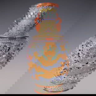 An Exquisite Enamel Lotus Pattern Seawater Pattern Dragon Pattern Double-Ears Vase: An Exquisite Enamel Lotus Pattern Seawater Pattern Dragon Pattern Double-Ears Vase Qing Dynasty, China Qianlong Four-character Mark Size:21inx9.8in&#29648;&#29701;&#24425;&#40644;&#22320;&#20964;&#236