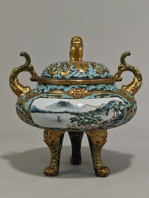 An Exquisite Famille-Rose Landscape and Figure Pattern Double-Ears and Tripod Censer