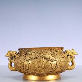 A Exquisite Gilt Bronze Lotus Pattern Double-Ears Censer