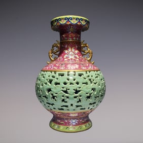 An Exquisite Famille-Rose Ruby Red-Glazed Painted Gold Lotus Pattern Double-Ears Vase
