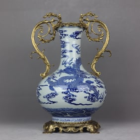 An Exquisite Blue and White Inlaid Bronze Dragon Pattern Seawater Pattern Double-Ears Vase