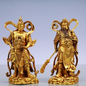 A Pair of Exquisite Gilt Bronze Guan yu Statue of Skanda