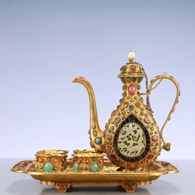 A Exquisite A Set of Gilt Bronze Inlaid Gems Dragon Pattern Teapot Cup