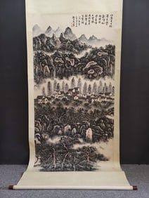 A Chinese Vertical Scroll Ink Painting of Landscape on Paper
