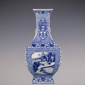 An Exquisite Blue and White Bats and Peach Pattern Landscape and Figure Pattern Lotus Pattern Vase