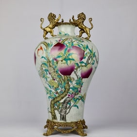 An Exquisite Famille-Rose Inlaid Bronze Bats and Peach Pattern Double-Ears Vase