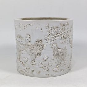 An Exquisite Sweet white glaze Fowl Pattern Landscape Pattern with poem Brush Pot