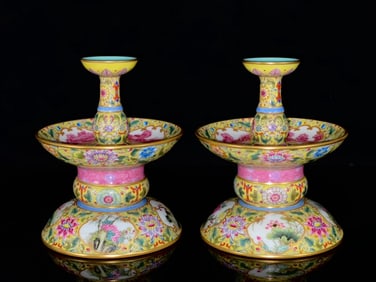 A Pair of Exquisite Famille-Rose Landscape Pattern Flower and Butterfly Pattern Candlestick