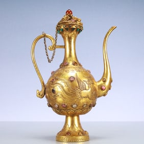 A Exquisite Gilt Bronze Inlaid Gems Phoenix Pattern Ewer