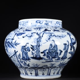 An Exquisite Blue and White Character and Story Pattern Lotus Pattern Jar