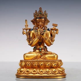 A Exquisite Gilt Bronze Inlaid Gems Statue of Manjusri Buddha statue