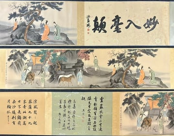 A Chinese Hand Scroll Ink Painting of Character and Story on Silk
