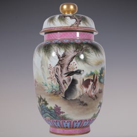 An Exquisite Enamel Rabbit Pattern with poem Tea Caddy