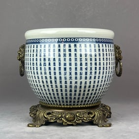 An Exquisite Blue and White Inlaid Bronze Double-Ears Vat