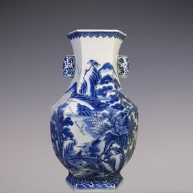 An Exquisite Blue and White Landscape and Figure Pattern Seawater Pattern Double-Ears Vase
