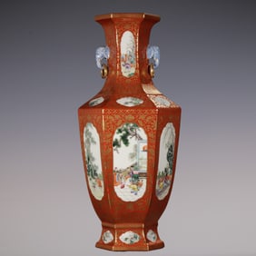 An Exquisite Famille-Rose Iron-Red Painted Gold Lotus Pattern Flower Pattern Character and Story