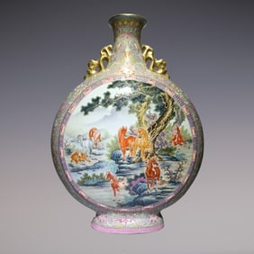 An Exquisite Enamel Painted Gold Bats and Peach Pattern Lotus Pattern Buffalo Pattern Double-Ears