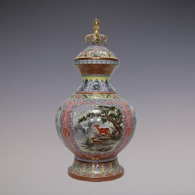 An Exquisite Enamel Painted Gold Lotus Pattern Landscape Pattern Sika Deef Pattern Jar
