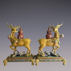 A Pair of Exquisite Cloisonne Lotus Pattern Sika Deer Ornament