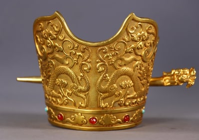 An Exquisite Gilt Bronze Inlaid Gems Dragon Pattern Crown