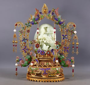 An Exquisite Gilt Bronze Inlaid White Jade Flower and Bird Pattern Ornament