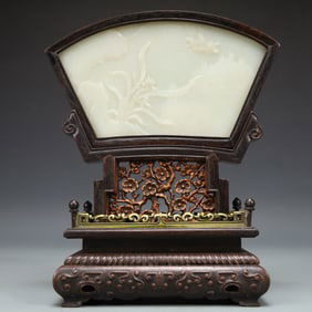 A Exquisite Zitanwood Inlaid White Jade Flower and Butterfly Pattern with poem Screen