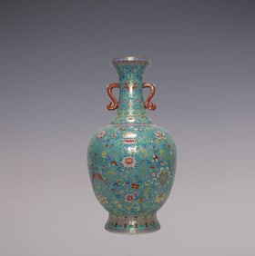 An Exquisite Famille-Rose Painted Gold Lotus Pattern Eight Treasures Pattern Double-Ears Vase
