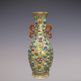 An Exquisite Famille-Rose Flower and Butterfly Pattern Double-Ears Vase