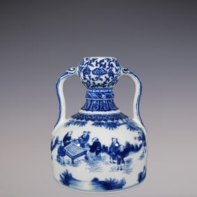 An Exquisite Blue and White Lotus Pattern Character and Story Pattern Double-Ears Vase