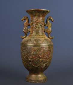 A Exquisite Bronze Beast-Face Pattern Double-Ears Vase