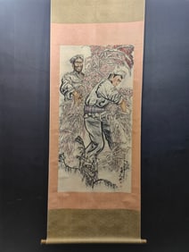 A Chinese Vertical Scroll Ink Painting of Character and Story on Paper