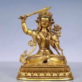 An Exquisite Gilt Bronze Inlaid Gems Statue of Manjusri