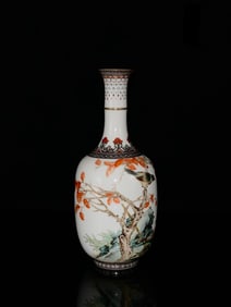 A Pair of Exquisite Ink Color Painted Gold Flower and Bird Pattern with poem Vase