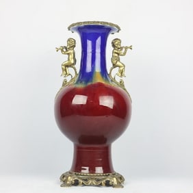 An Exquisite Flambe Glazed Inlaid Bronze Double-Ears Vase