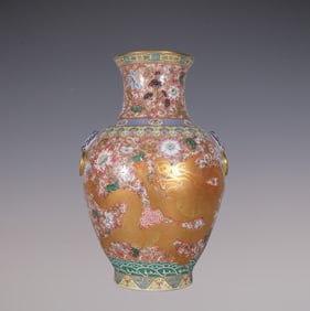 An Exquisite Famille-Rose Lotus Pattern Seawater Pattern Dragon Pattern Double-Ears Vase