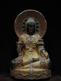 An Exquisite Limestone Painted Color Buddha Statue