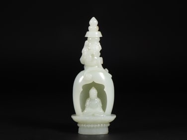 An Exquisite White Jade Chi-Dragon Pattern Pagoda